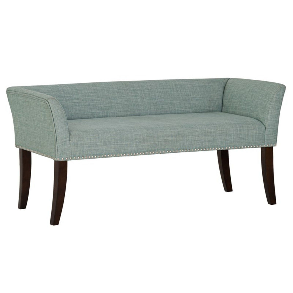 Welburn Upholstered Bench with Low Back and Flared Arms in blue, nailhead trim, dark legs on Tampa Home & Garden Store