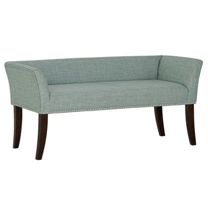 Welburn Upholstered Bench with Low Back and Flared Arms in blue, nailhead trim, dark legs on Tampa Home & Garden Store