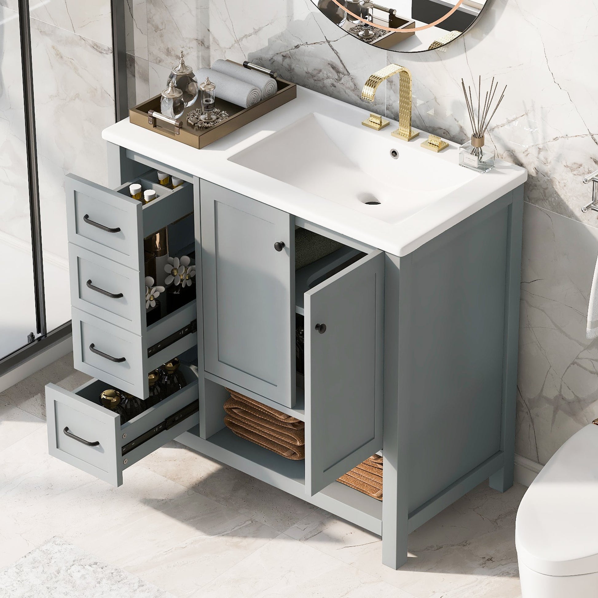 36in HouseOfZazla bathroom vanity with sink top and cabinet, gray finish, gold faucet on Tampa Home & Garden Store