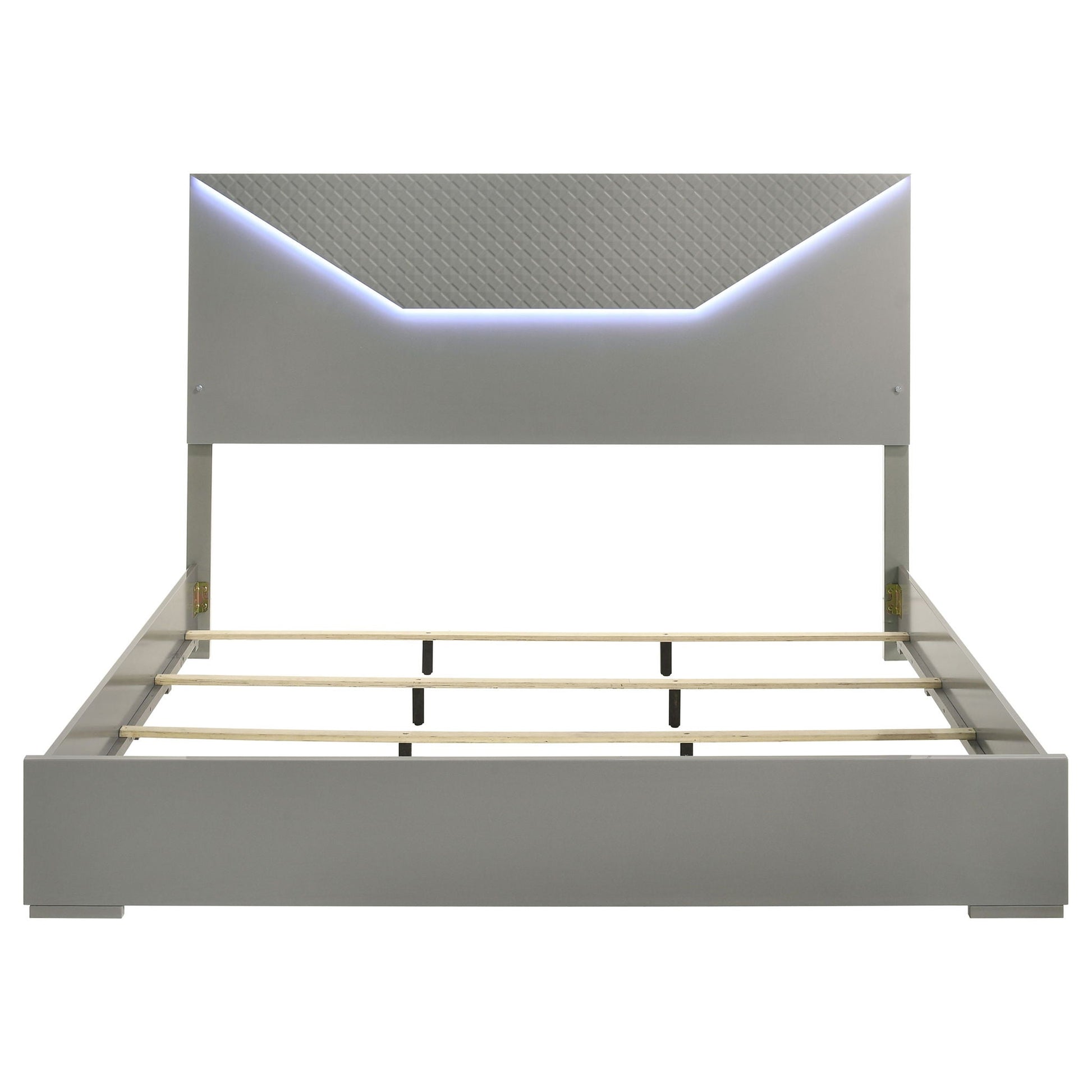 Pierce Panel Bed LED Headboard gray metal frame with quilted headboard and LED edge lighting on Tampa Home & Garden Store