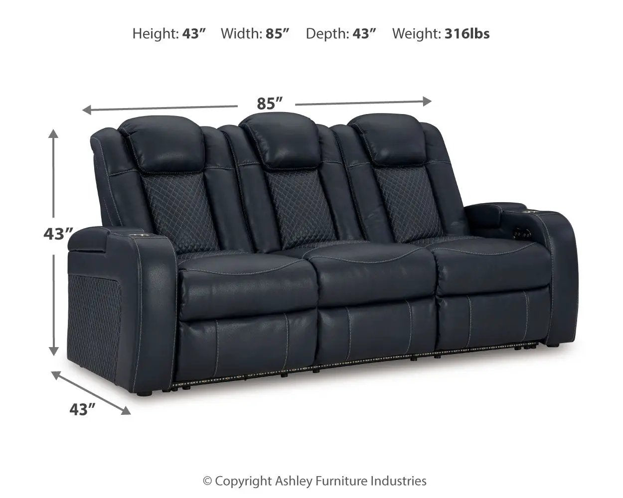 Fyne-dyme power reclining sofa with adjustable headrests dark leather 3-seat on Tampa Home & Garden Store