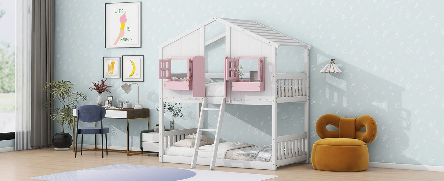 House bunk bed with roof and pink window boxes, white frame, ladder HouseOfZazla on Tampa Home & Garden Store