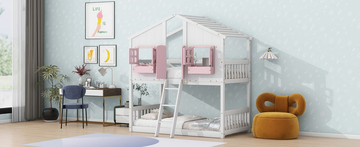 House bunk bed with roof and pink window boxes, white frame, ladder HouseOfZazla on Tampa Home & Garden Store