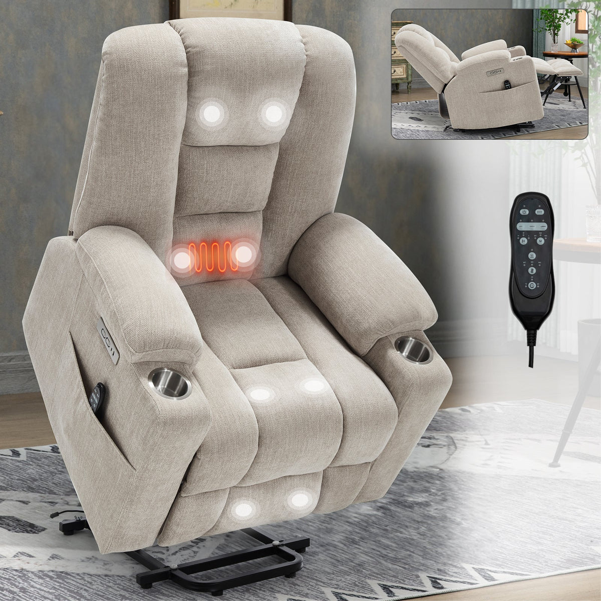 Power Lift Recliner Chair with Massage and Heat beige fabric with remote and cupholders on Tampa Home & Garden Store
