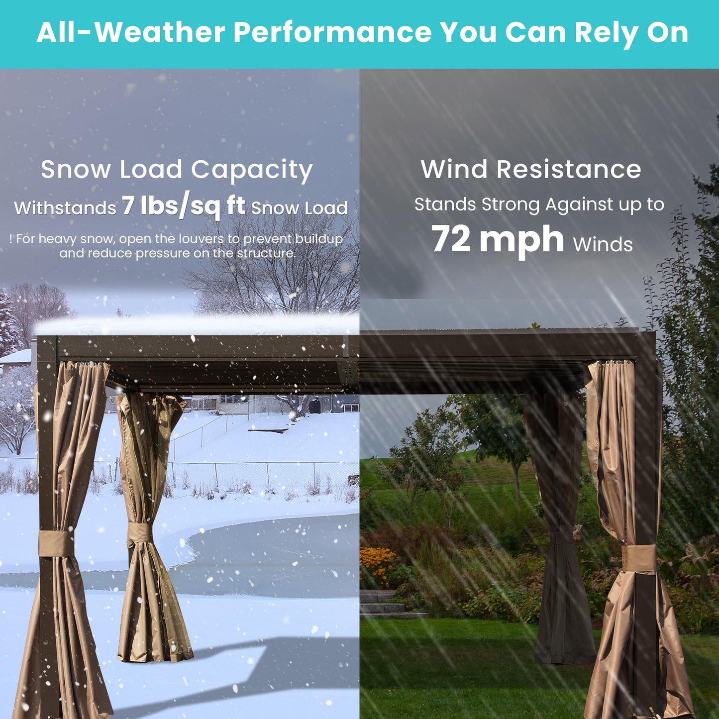 10x10 ft brown louvered pergola by HouseOfZazla with adjustable louvers and curtains on Tampa Home & Garden Store