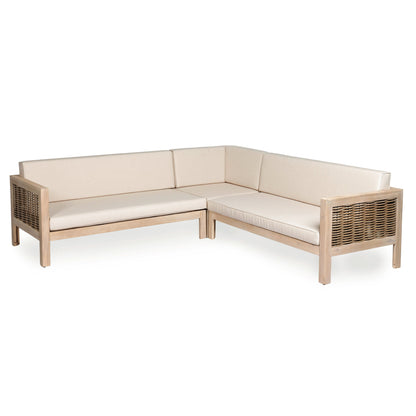 Emir Acacia 5 Seater Sofa Conversational Set with beige cushions and woven wicker frame on Tampa Home & Garden Store