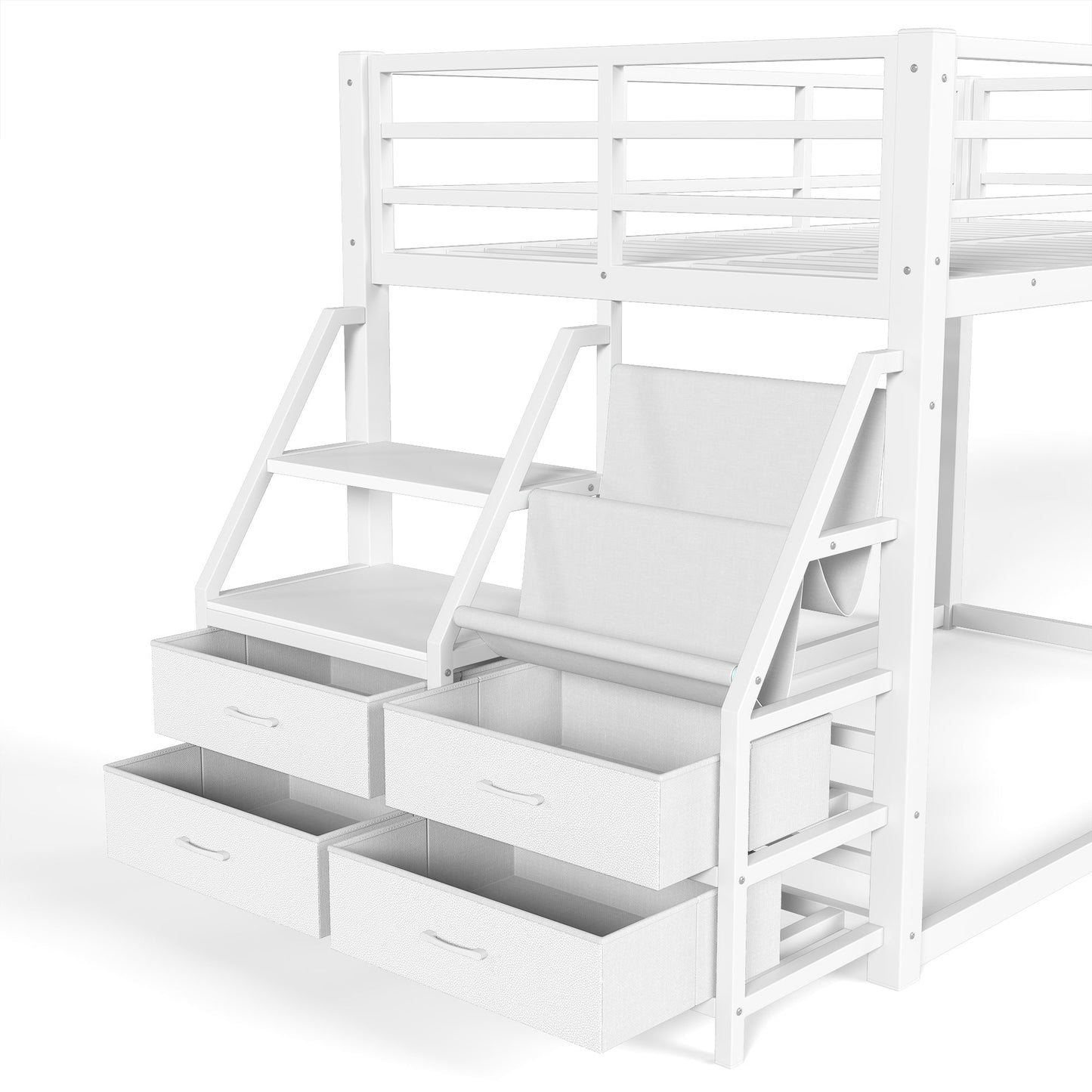 Twin over twin bunk bed in white with underbed fabric drawers and storage, HouseOfZazla on Tampa Home & Garden Store