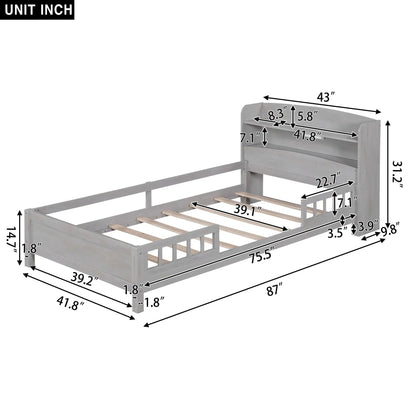 Wood Platform Bed With Led Light and Guardrail