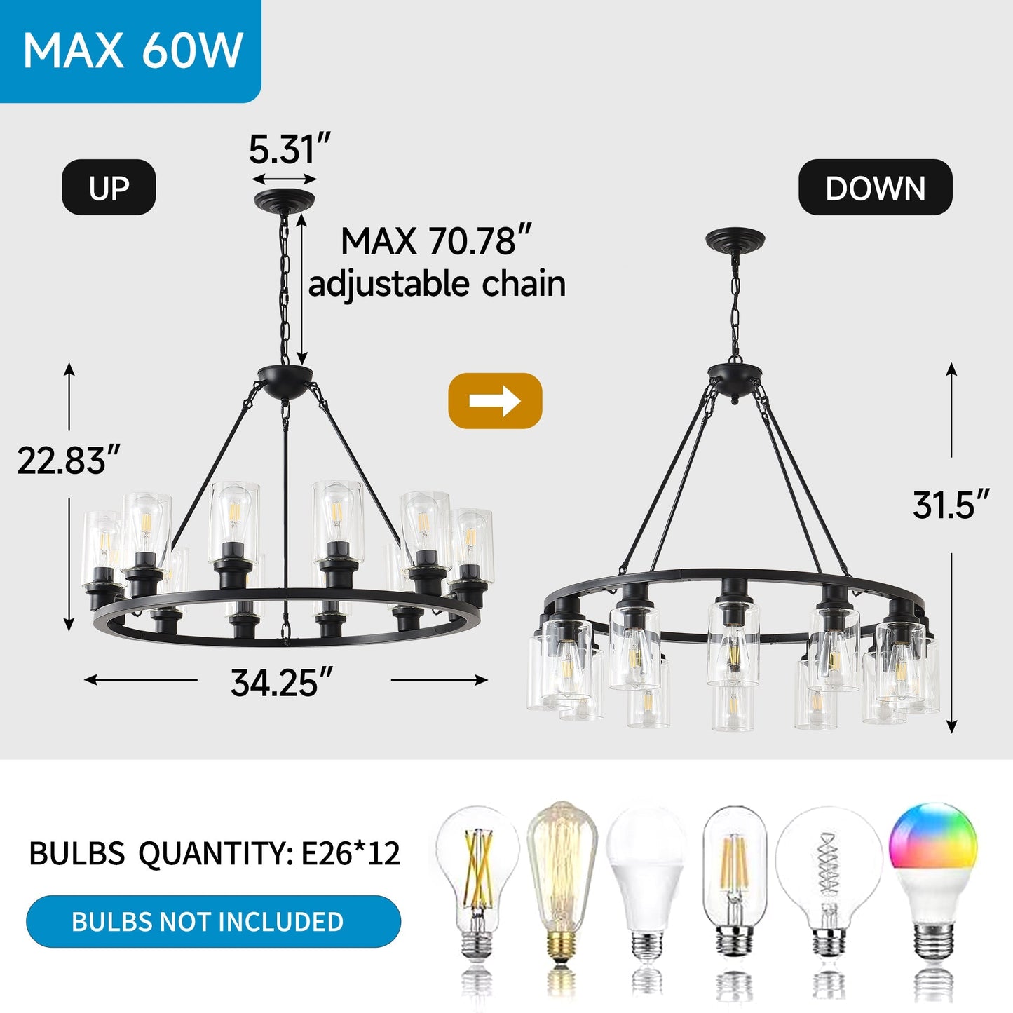 Black Wagon Wheel Chandelier 31.5 inch modern farmhouse pendant light, pair with candle bulbs on Tampa Home & Garden Store