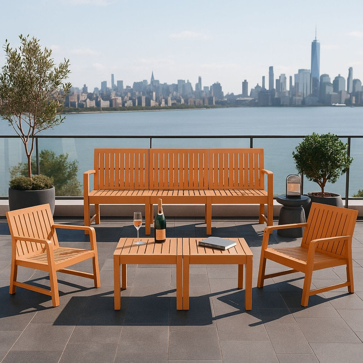 Orange waterproof 2-piece outdoor patio set by HouseOfZazla with slatted back bench and chairs on Tampa Home & Garden Store