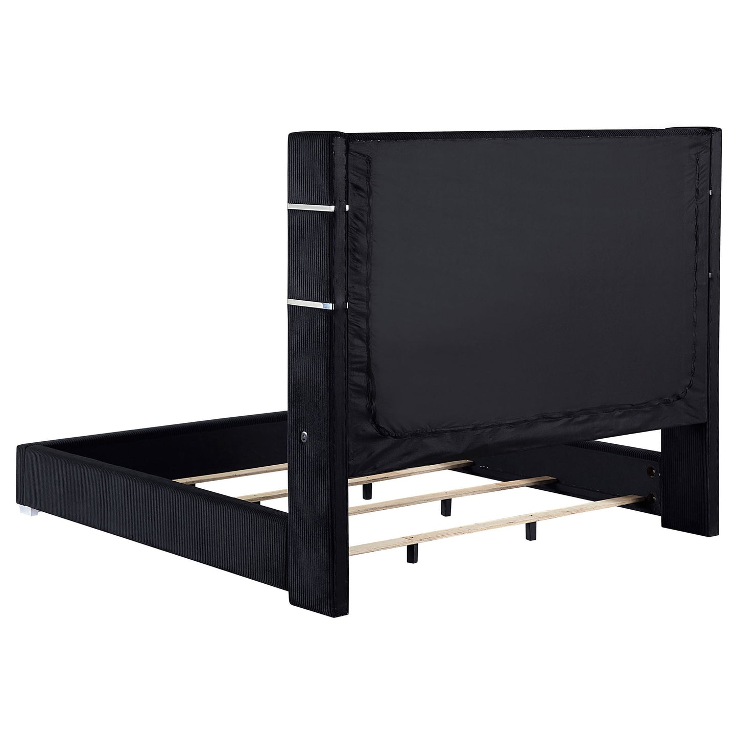 Judah Flame Visualizer Bed, black upholstered bed frame with ribbed sides and wooden slats on Tampa Home & Garden Store