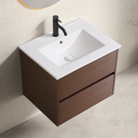 Wall-mounted vanity base with white sink, black faucet, soft-close drawers on Tampa Home & Garden Store