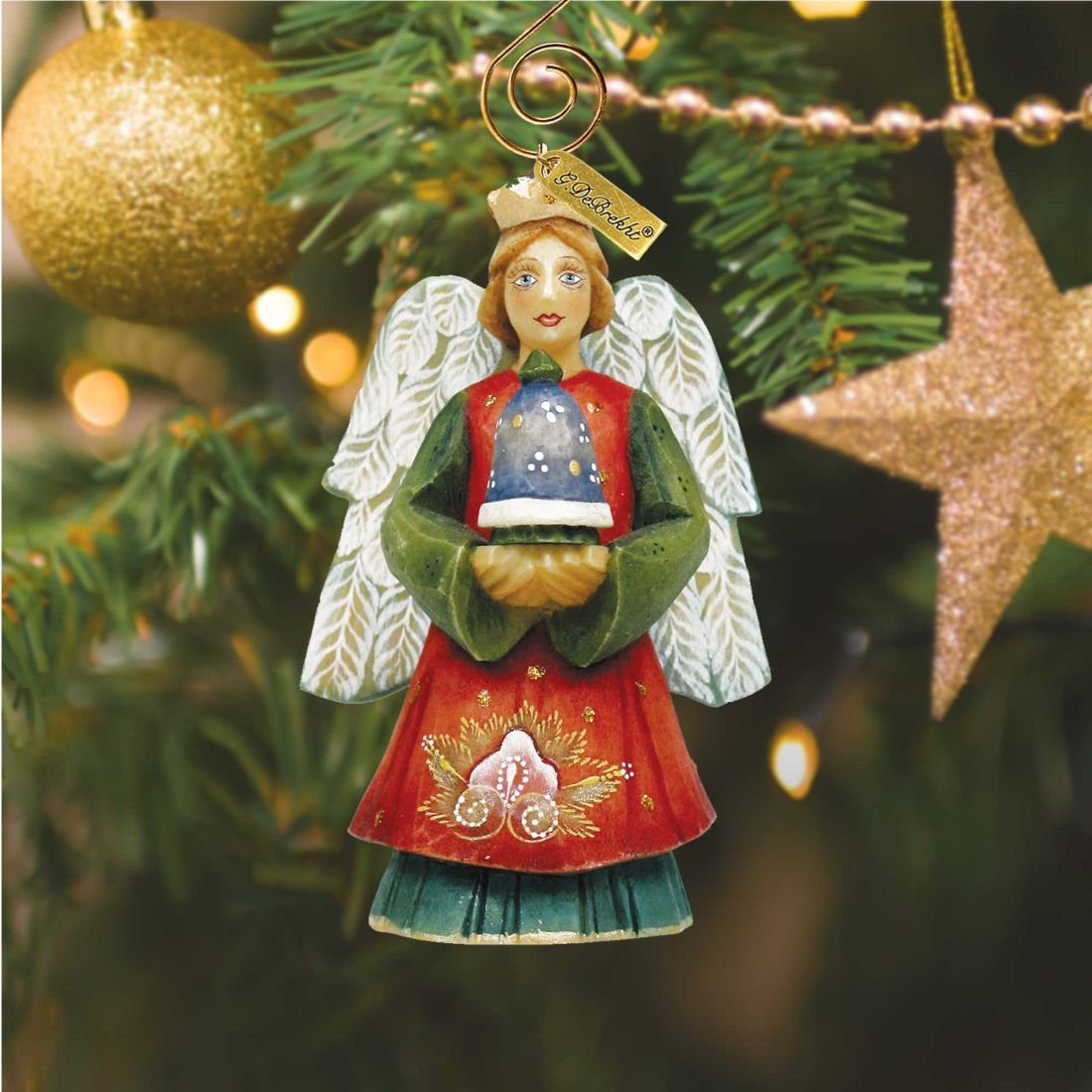 Angel with Bell hand-painted Christmas figurine by G. DeBrekht, red dress, green sleeves on Tampa Home & Garden Store
