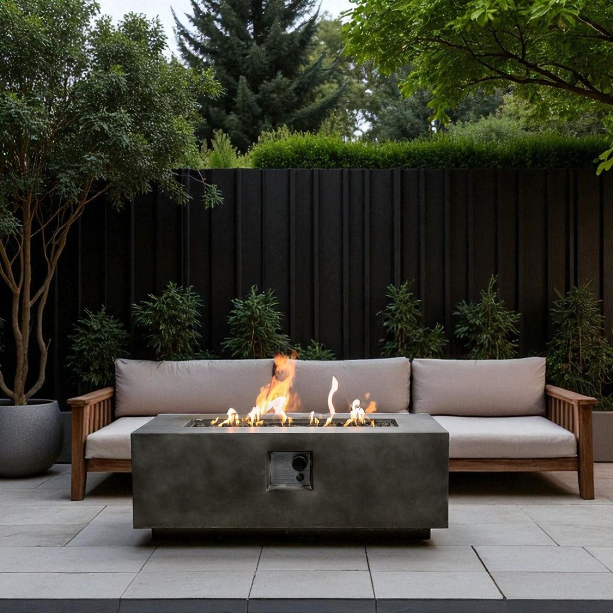 Lightweight fiber concrete fire pit table in dark gray by HouseOfZazla with pushbutton ignition on Tampa Home & Garden Store