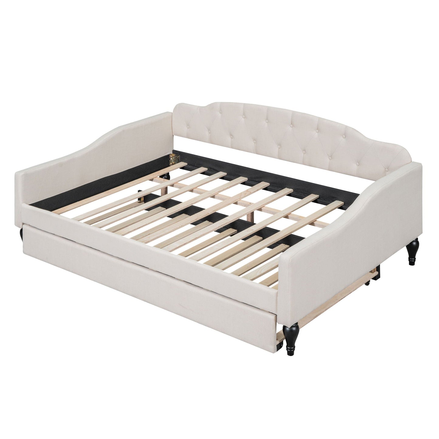 Upholstered tufted daybed with cream fabric, curved headboard and footboard by HouseOfZazla on Tampa Home & Garden Store