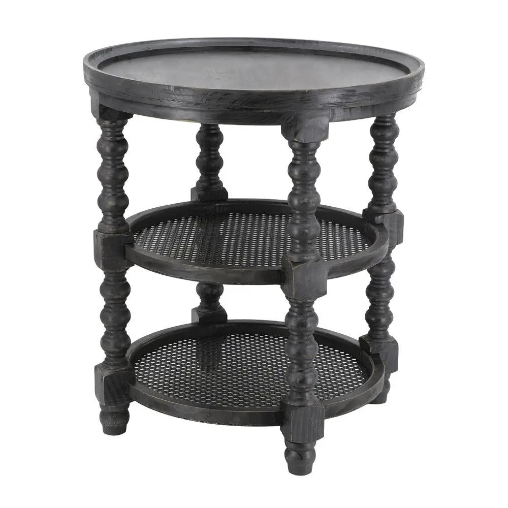 Round 3-tier end table in black wood with turned legs by Unique Piece Furniture for room on Tampa Home & Garden Store