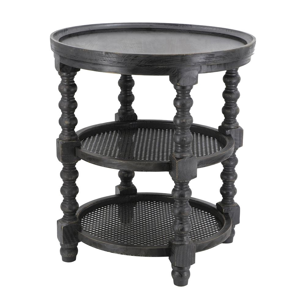 Round 3-tier side table in black wood with turned legs and mesh shelves, HouseOfZazla on Tampa Home & Garden Store