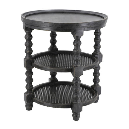 Round 3-tier side table in black wood with turned legs and mesh shelves, HouseOfZazla on Tampa Home & Garden Store
