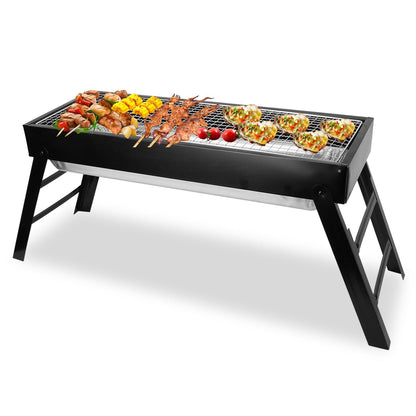 GemGear foldable charcoal BBQ grill, stainless steel portable tabletop with skewers and veggies on Tampa Home & Garden Store