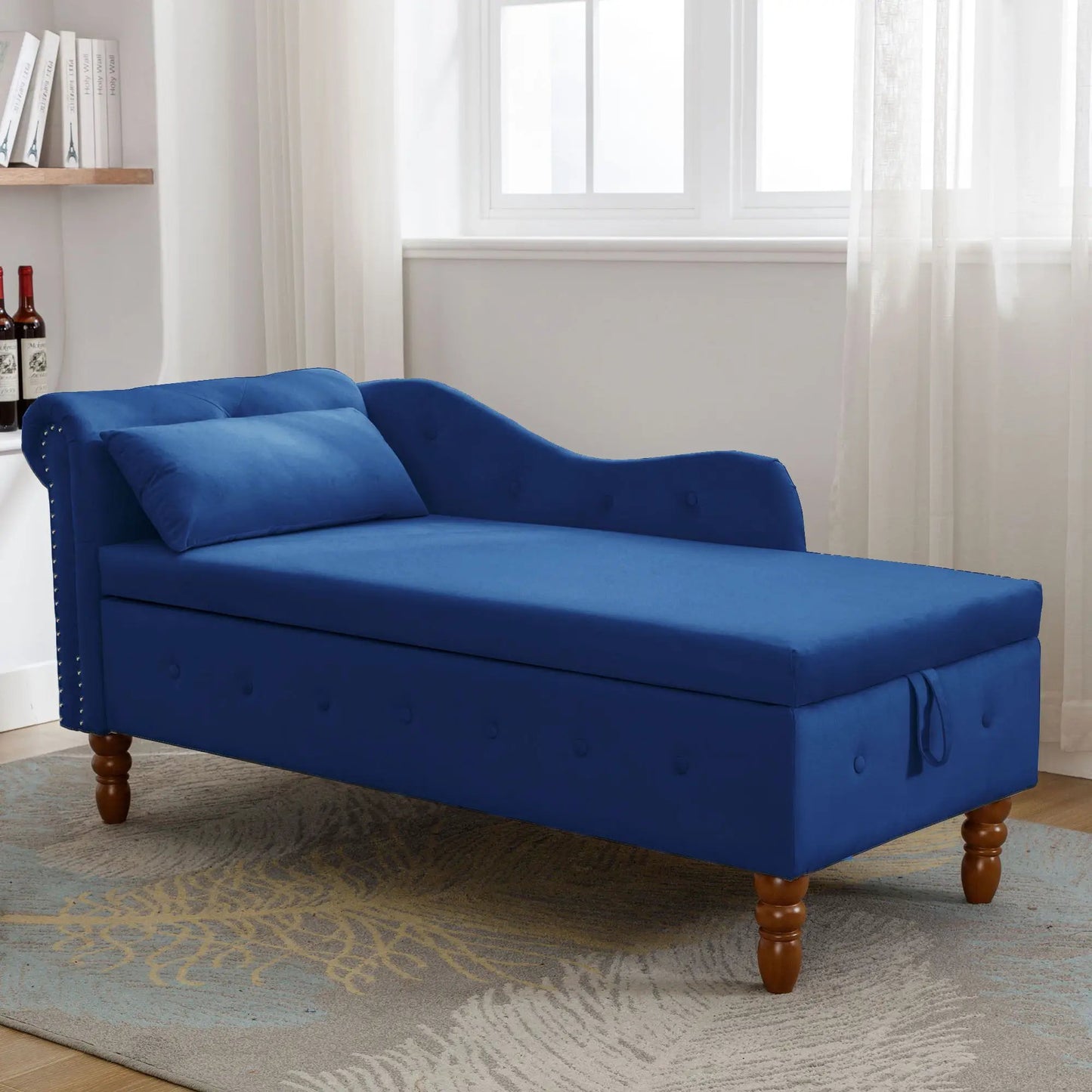 Chaise lounge upholstered in blue with storage and pillow, nailhead trim and rolled arms on Tampa Home & Garden Store