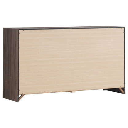 Geary Slatted Headboard Panel Bed Frame in dark brown with light wood panels, 4-piece set on Tampa Home & Garden Store