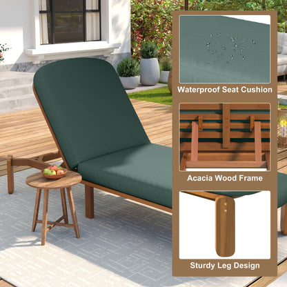 Outdoor chaise lounge with adjustable backrest on deck; teal waterproof cushion, acacia frame on Tampa Home & Garden Store
