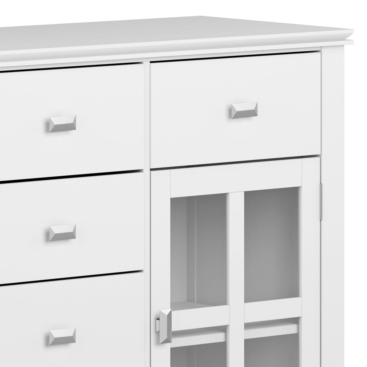 Solid wood white sideboard with glass, drawers left, glass doors right HouseOfZazla on Tampa Home & Garden Store