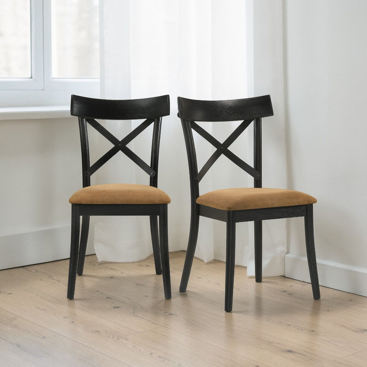 Black faux leather X-back side chairs set of 2 with brown seats on Tampa Home & Garden Store