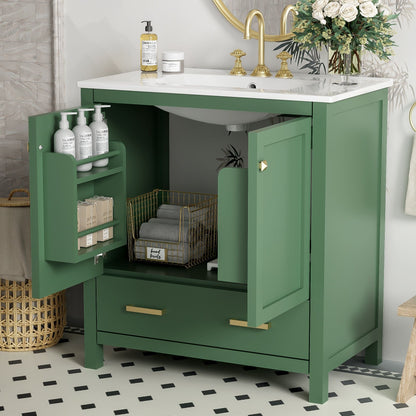 Green Bathroom Vanity with Single Undermount Sink and Storage - Solid Wood, white top, gold hardware on Tampa Home & Garden Store