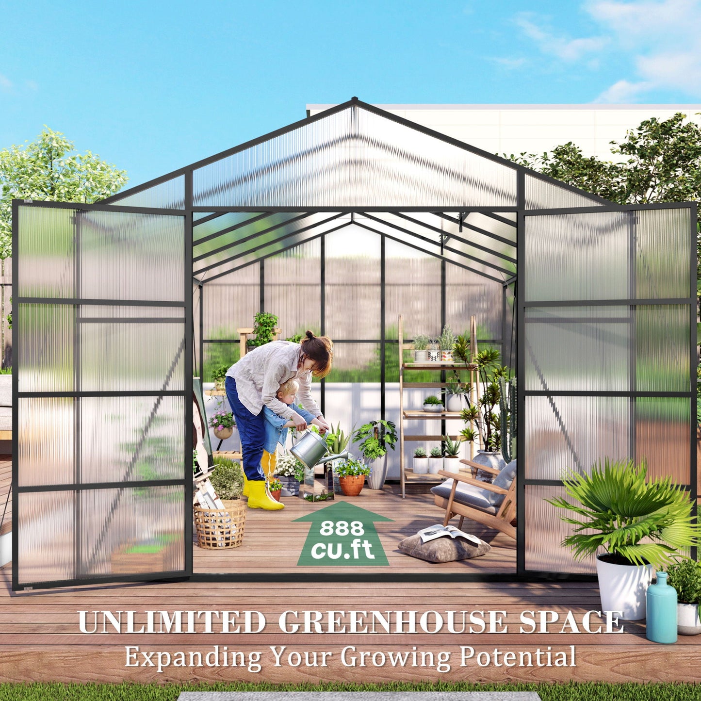 Gain Height Garden Shelter greenhouse by HouseOfZazla with black frame and ribbed panels on Tampa Home & Garden Store