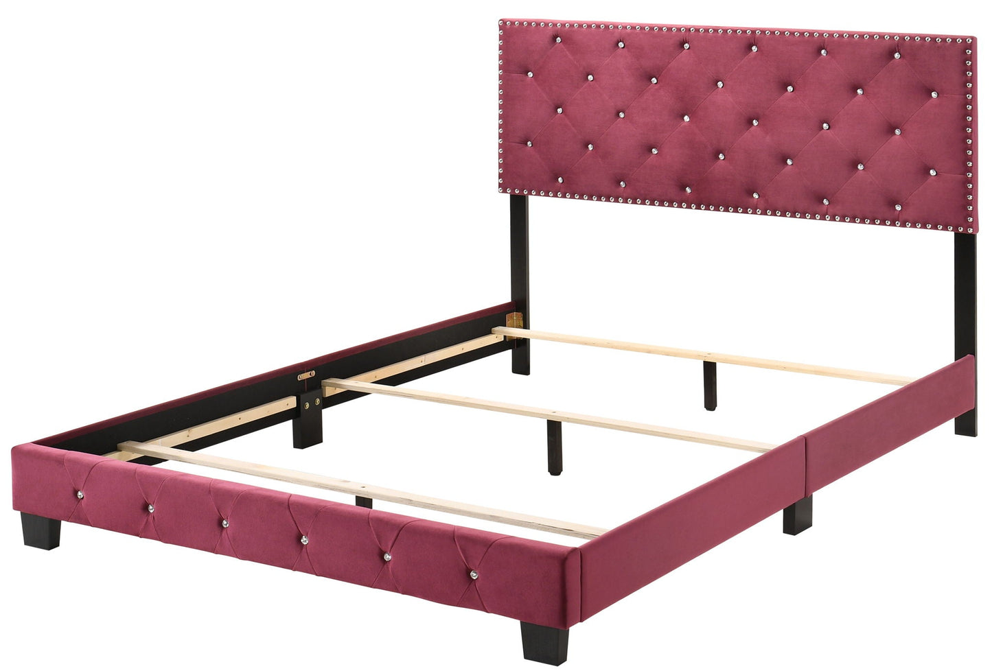 Luxurious Upholstered Bed burgundy tufted headboard with crystals HouseOfZazla metal frame on Tampa Home & Garden Store