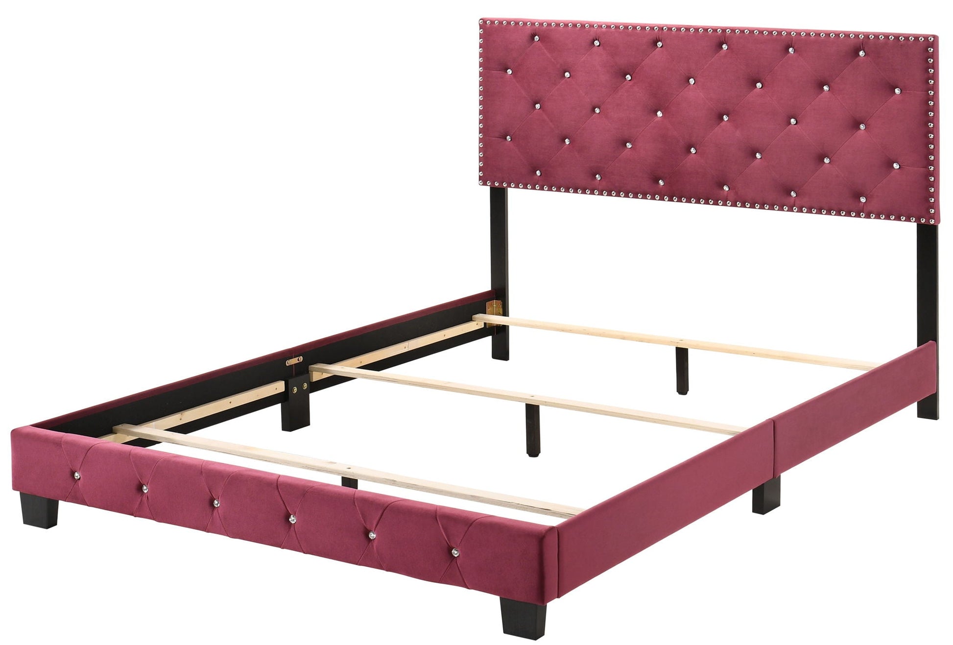 Luxurious Upholstered Bed burgundy tufted headboard with crystals HouseOfZazla metal frame on Tampa Home & Garden Store