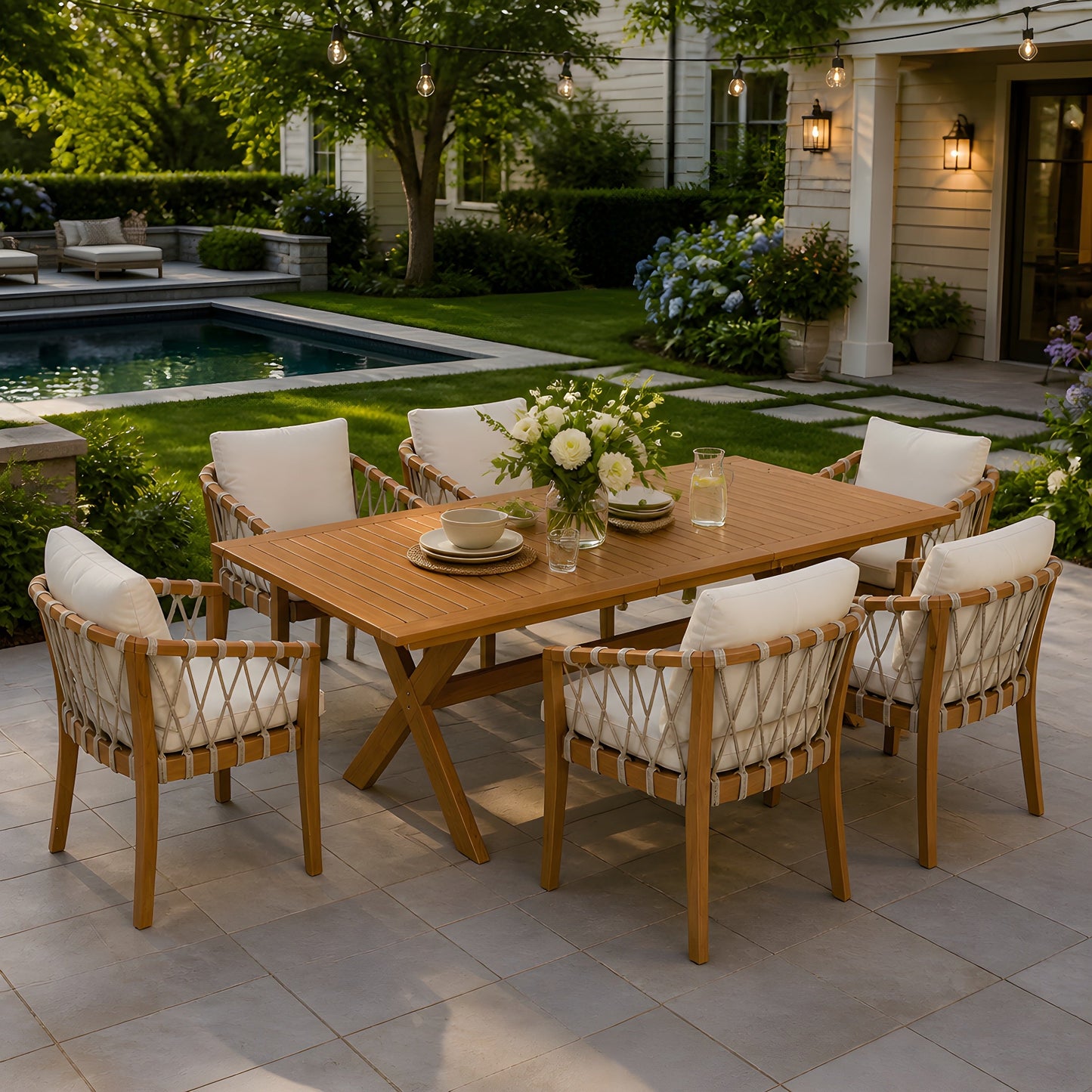 7 Piece Acacia Wood Outdoor Dining Set And Chairs