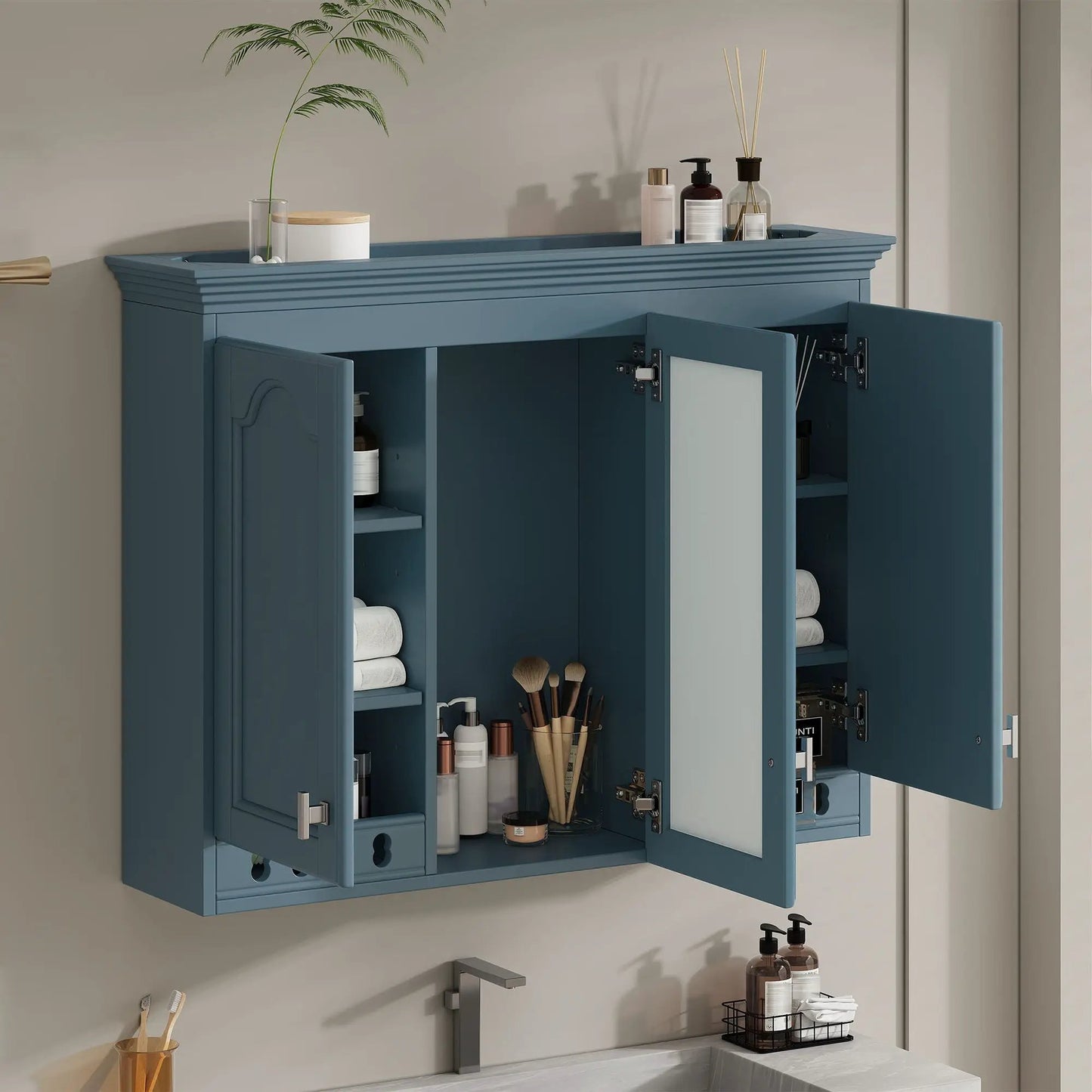 Wall Mount Mirror Cabinet blue with adjustable shelves and soft closing hinges on Tampa Home & Garden Store