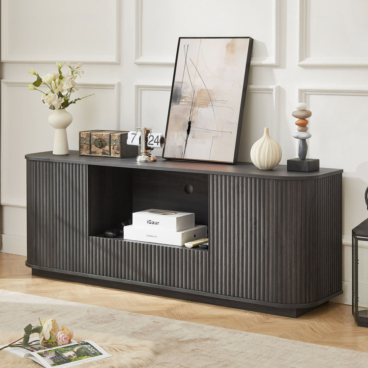 Modern Wavy TV Stand with storage cabinet in dark wood ribbed panels by HouseOfZazla on Tampa Home & Garden Store