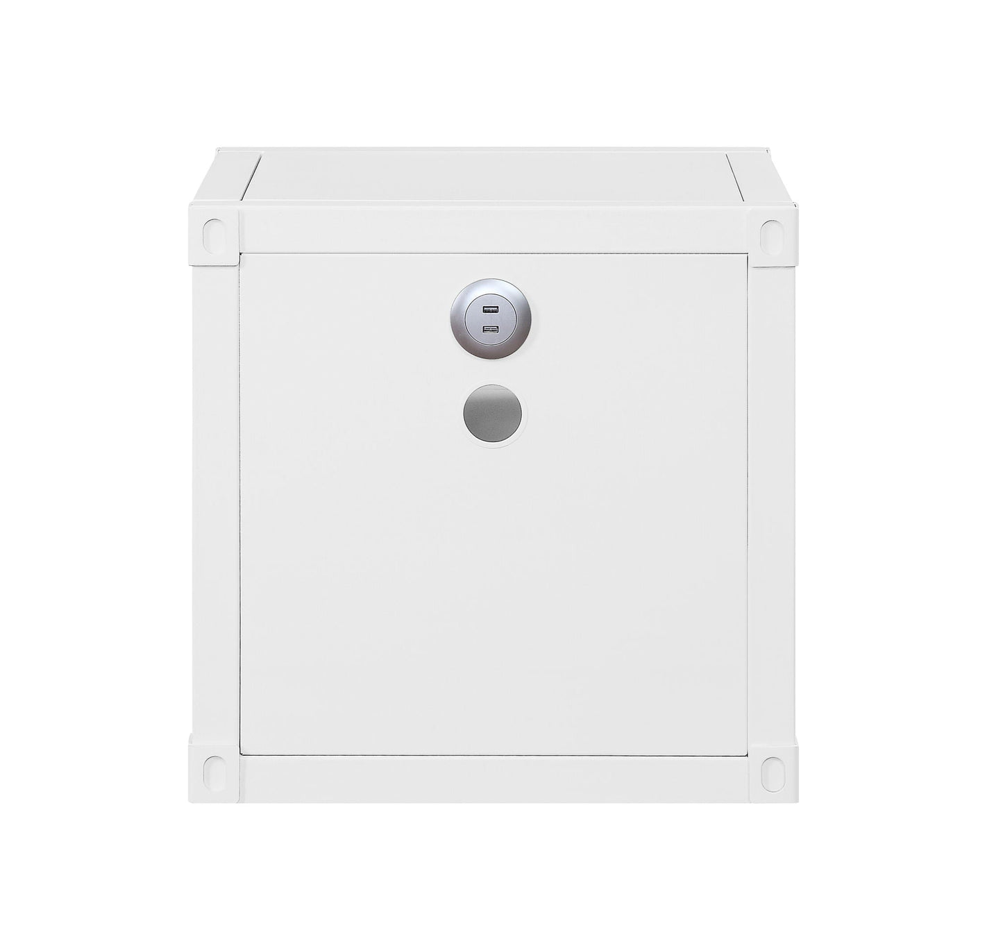Cargo Nightstand with USB, white accent nightstand with dual USB ports on a circular panel on Tampa Home & Garden Store