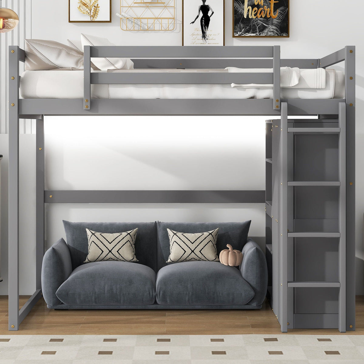 Grey loft bed by HouseOfZazla with built-in wardrobe and storage shelves, LED light on Tampa Home & Garden Store