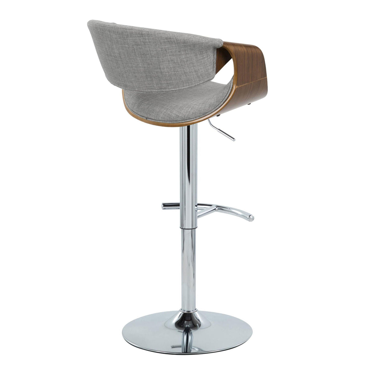 Mid century modern adjustable barstool with grey fabric seat curved wood sides chrome base on Tampa Home & Garden Store
