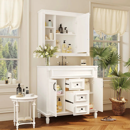 White bathroom vanity with top sink and mirror cabinet, 2 soft-closing doors and 2 drawers on Tampa Home & Garden Store