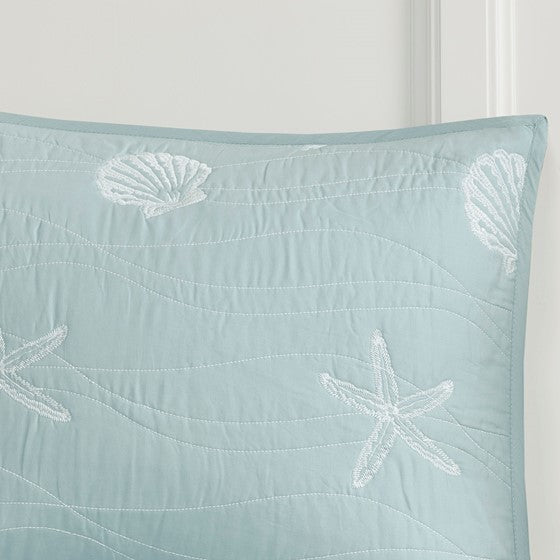 Cotton reversible quilt set with embroidered sea-shell pattern and throw pillow – Aqua King/Cal on Tampa Home & Garden Store