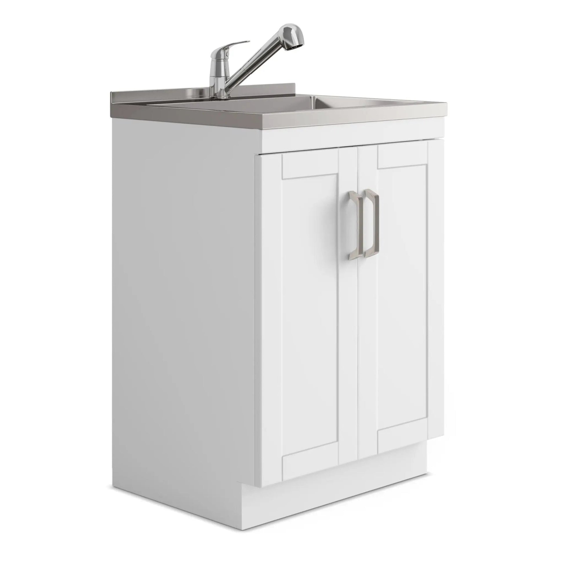 Kyle laundry vanity with stainless steel sink and chrome faucet, white cabinet on Tampa Home & Garden Store