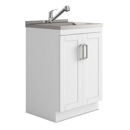 White laundry cabinet vanity with stainless steel sink and chrome faucet, HouseOfZazla on Tampa Home & Garden Store