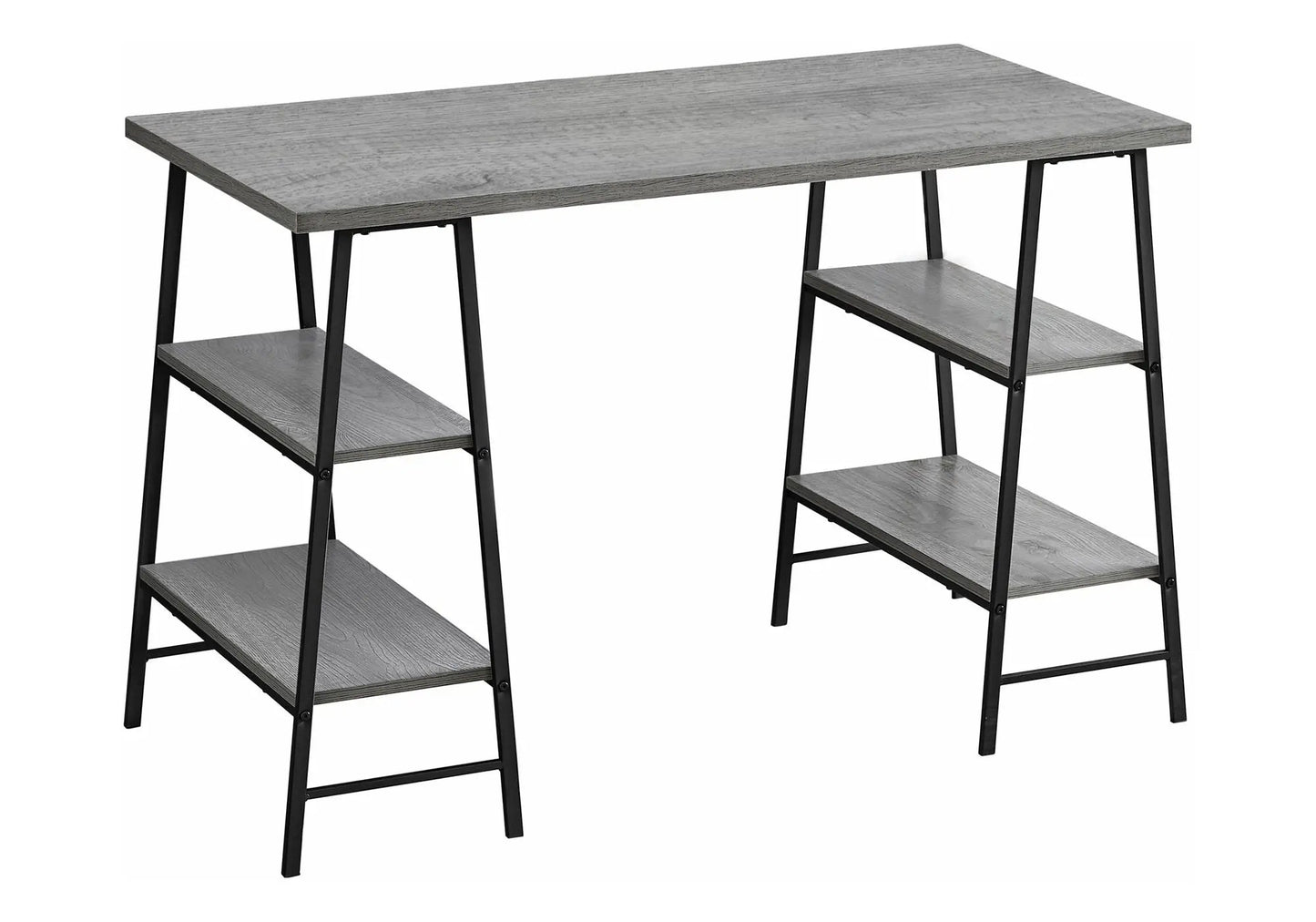 Computer desk with gray wood top and black metal frame and storage shelves on both ends on Tampa Home & Garden Store