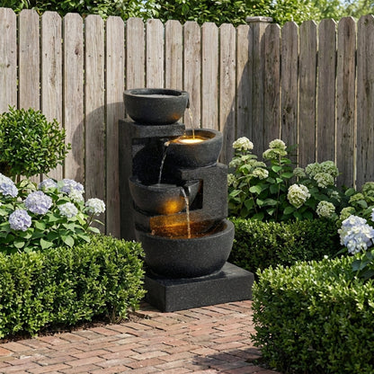 29-Inch Terrazzo Style LED Water Fountain with stacked black speckled basins and cascading water on Tampa Home & Garden Store