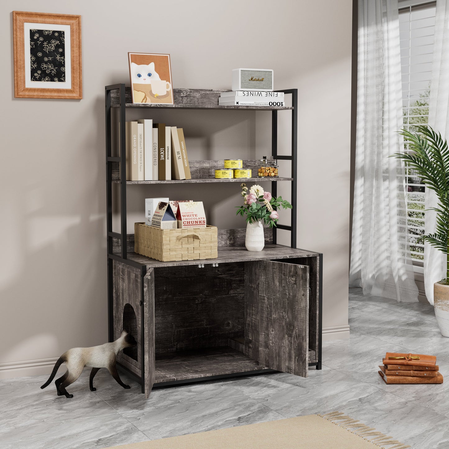 Large cat litter box enclosure cabinet by HouseOfZazla with shelves and black metal frame on Tampa Home & Garden Store