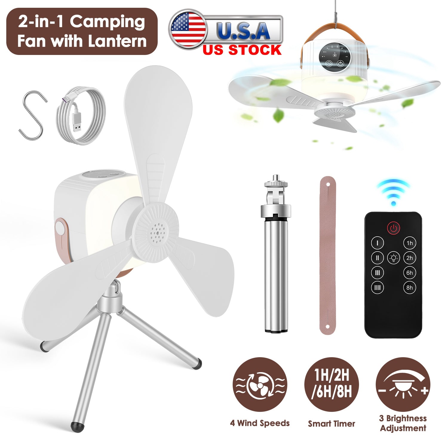 Rechargeable tent ceiling fan with LED light by GemGear, camping fan with remote control on Tampa Home & Garden Store