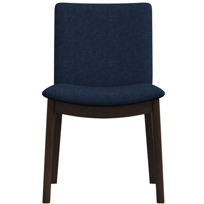 Mid-Century Modern dining chair with navy fabric upholstery and solid wood legs on Tampa Home & Garden Store