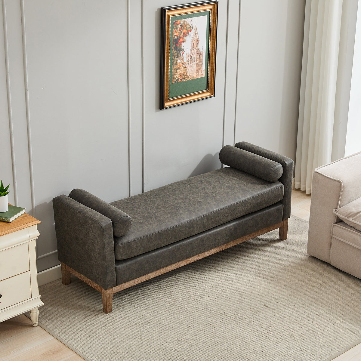 65.5W dark gray upholstered end-of-bed bench with weathered wood legs and bolster cushions on Tampa Home & Garden Store