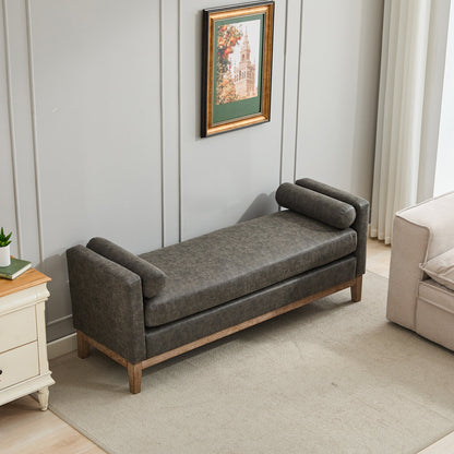 65.5W dark gray upholstered end-of-bed bench with weathered wood legs and bolster cushions on Tampa Home & Garden Store