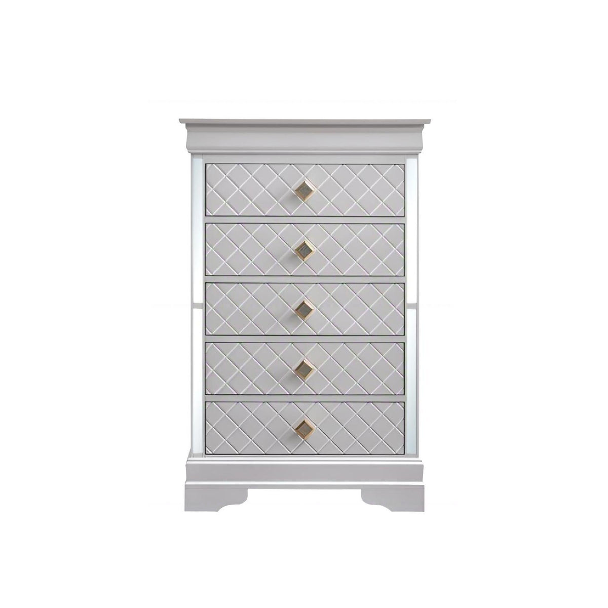 Embossed X design accent chest with crystal pulls, pearl silver finish by HouseOfZazla on Tampa Home & Garden Store
